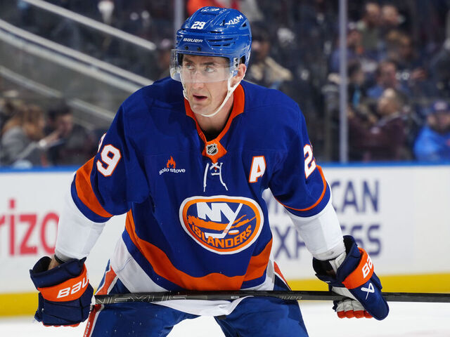 ELMONT, NEW YORK - DECEMBER 10: Brock Nelson #29 of the New York Islanders in action against the Los Angeles Kings at UBS Arena on December 10, 2024 in Elmont, New York. Los Angeles Kings defeated the New York Islanders 3-1.