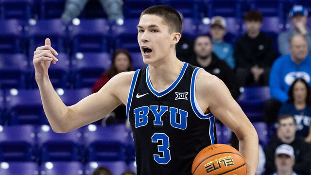 FORT WORTH, TX - JANUARY 11: BYU Cougars guard Egor Demin (#3) calls out a play during the Big 12 college basketball game between the TCU Horned Frogs and BYU Cougars on January 11, 2025 at Ed & Rae Schollmaier Arena in Fort Worth, Texas.