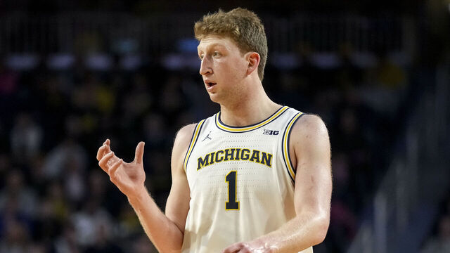 ANN ARBOR, MICHIGAN - FEBRUARY 05: Danny Wolf #1 of the Michigan Wolverines looks on and gestures against the Oregon Ducks at Crisler Arena on February 05, 2025 in Ann Arbor, Michigan.