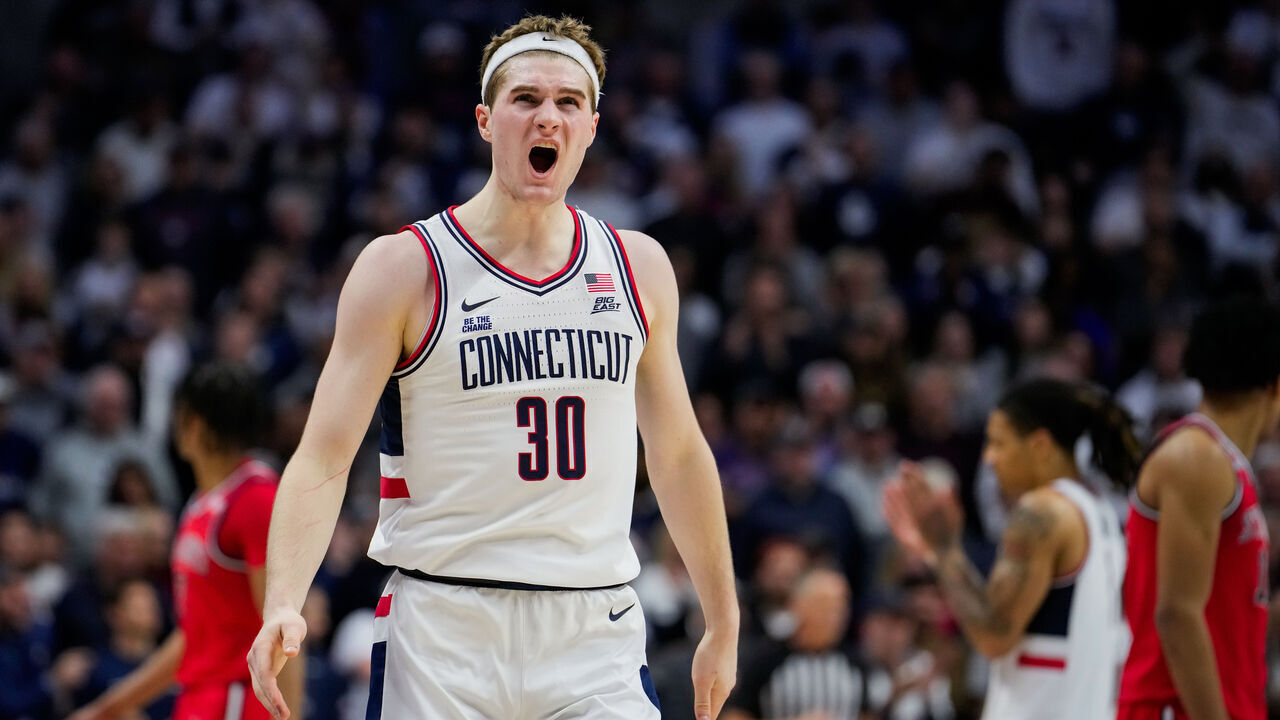 STORRS, CONNECTICUT - FEBRUARY 7: Liam McNeeley #30 of the Connecticut Huskies reacts during the second half of an NCAA basketball game against the St. John's Red Storm at the Harry A. Gampel Pavilion on February 7, 2025 in Storrs, Connecticut.