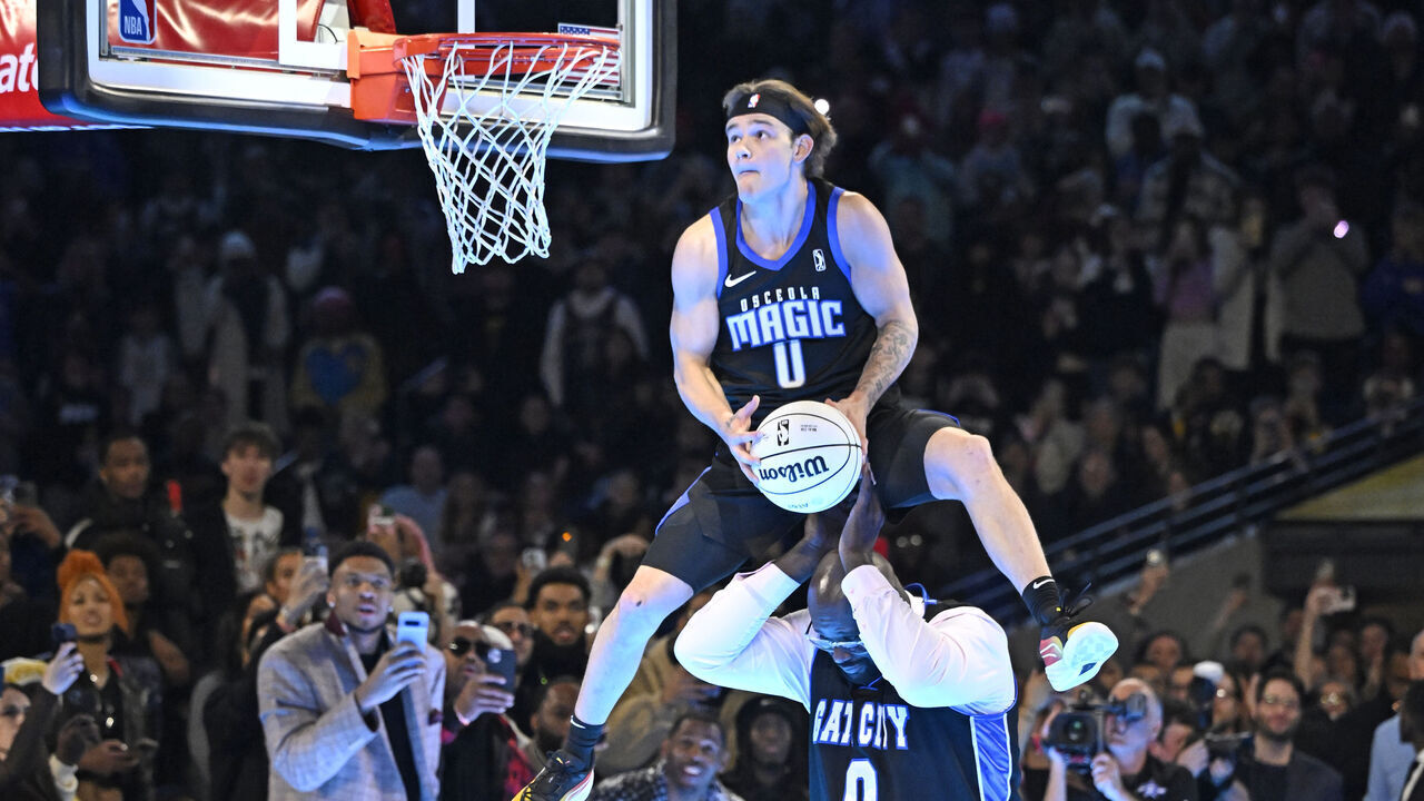 INDIANAPOLIS, IN - FEBRUARY 17: Mac McClung #0 of the Osceola Magic drives to the basket during the AT&T Slam Dunk Contest as a part of State Farm All-Star Saturday Night on Saturday, February 17, 2024 at Lucas Oil Stadium in Indianapolis, Indiana. NOTE TO USER: User expressly acknowledges and agrees that, by downloading and/or using this Photograph, user is consenting to the terms and conditions of the Getty Images License Agreement. Mandatory Copyright Notice: Copyright 2024 NBAE