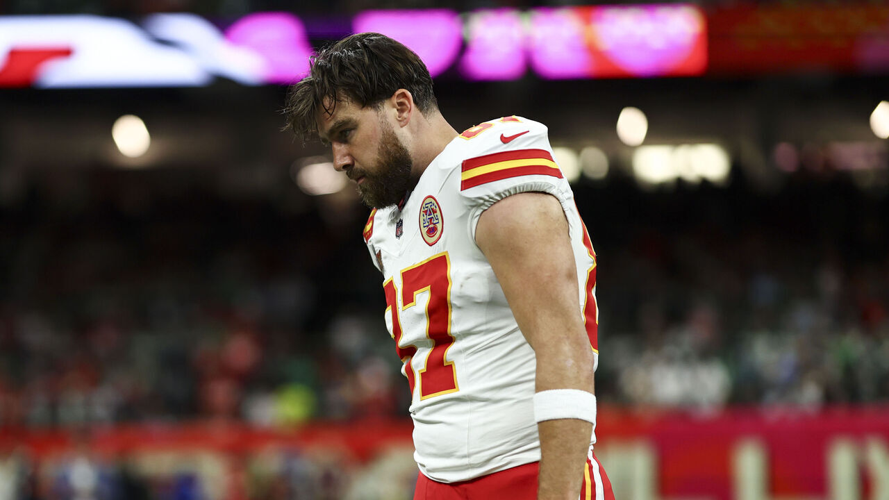 NEW ORLEANS, LOUISIANA - FEBRUARY 9: Travis Kelce #87 of the Kansas City Chiefs reacts on the field before Super Bowl LIX at Caesars Superdome on February 9, 2025 in New Orleans, Louisiana.