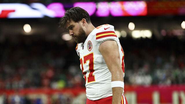 NEW ORLEANS, LOUISIANA - FEBRUARY 9: Travis Kelce #87 of the Kansas City Chiefs reacts on the field before Super Bowl LIX at Caesars Superdome on February 9, 2025 in New Orleans, Louisiana.