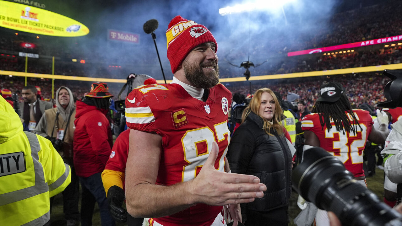 KANSAS CITY, MISSOURI - JANUARY 26: Travis Kelce #87 of the Kansas City Chiefs celebrates after the AFC Championship NFL football game against the Buffalo Bills at GEHA Field at Arrowhead Stadium on January 26, 2025 in Kansas City, Missouri.