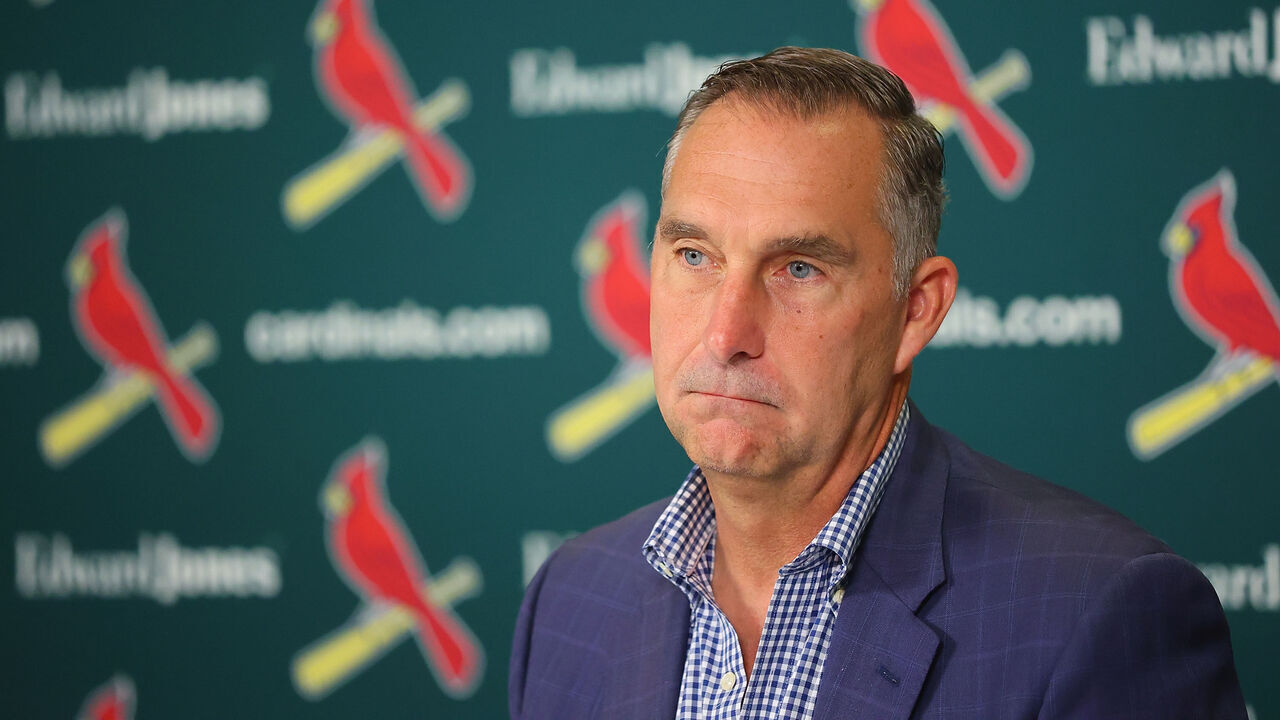 ST LOUIS, MISSOURI - AUGUST 1: John Mozeliak, president of baseball operations of the St. Louis Cardinals speaks during a press conference at Busch Stadium on August 1, 2023 in St Louis, Missouri.