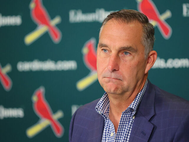 ST LOUIS, MISSOURI - AUGUST 1: John Mozeliak, president of baseball operations of the St. Louis Cardinals speaks during a press conference at Busch Stadium on August 1, 2023 in St Louis, Missouri.