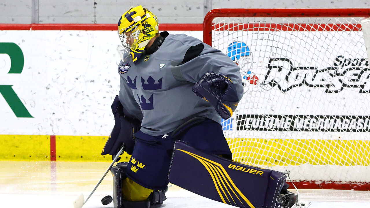 BROSSARD, QUEBEC - FEBRUARY 10: Goaltender Filip Gustavsson #32 of Team Sweden makes a save during practice for the NHL 4 Nations Face-Off at CN Sports Complex on February 10, 2025 in Brossard, Quebec.