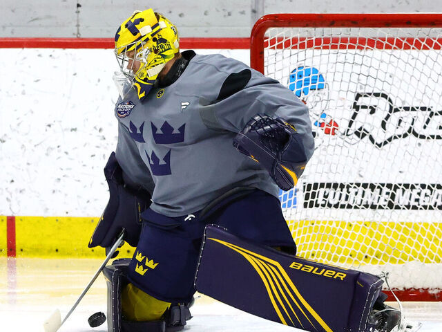 BROSSARD, QUEBEC - FEBRUARY 10: Goaltender Filip Gustavsson #32 of Team Sweden makes a save during practice for the NHL 4 Nations Face-Off at CN Sports Complex on February 10, 2025 in Brossard, Quebec.