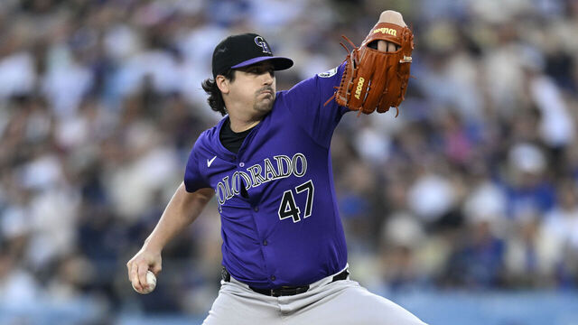 LOS ANGELES, CALIFORNIA - SEPTEMBER 21: Cal Quantrill #47 of the Colorado Rockies pitches in the first inning against the Los Angeles Dodgers at Dodger Stadium on September 21, 2024 in Los Angeles, California.