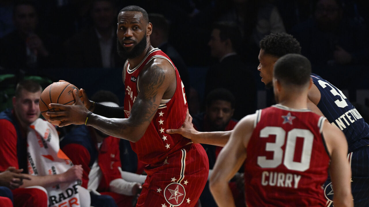 INDIANAPOLIS, IN - FEBRUARY 18: LeBron James #23 of the Western Conference handles the ball during the game during the NBA All-Star Game as part of NBA All-Star Weekend on Sunday, February 18, 2024 at Gainbridge Fieldhouse in Indianapolis, Indiana. NOTE TO USER: User expressly acknowledges and agrees that, by downloading and/or using this Photograph, user is consenting to the terms and conditions of the Getty Images License Agreement. Mandatory Copyright Notice: Copyright 2024 NBAE