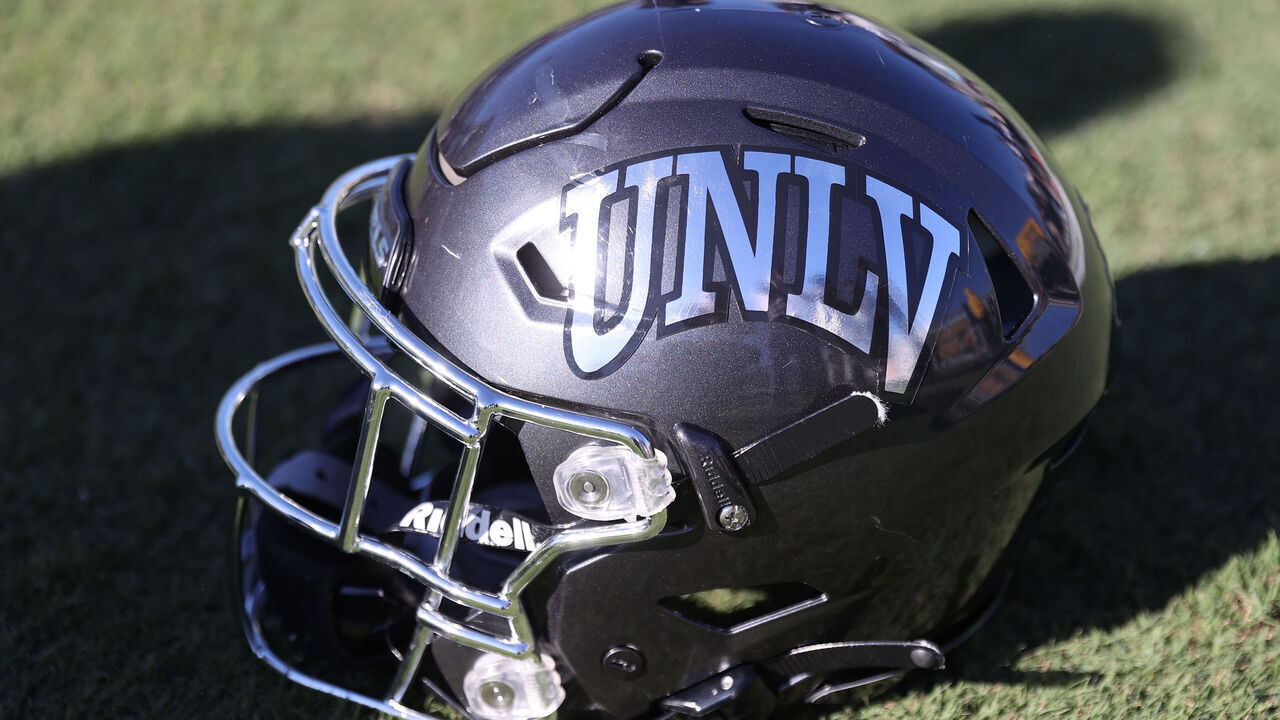 ORLANDO, FL - JANUARY 15: A UNLV helmet rests on a the sidelines during the Hula Bowl college football game on Saturday, January 15, 2022 at the UCF Bounce House Stadium in Orlando, FL