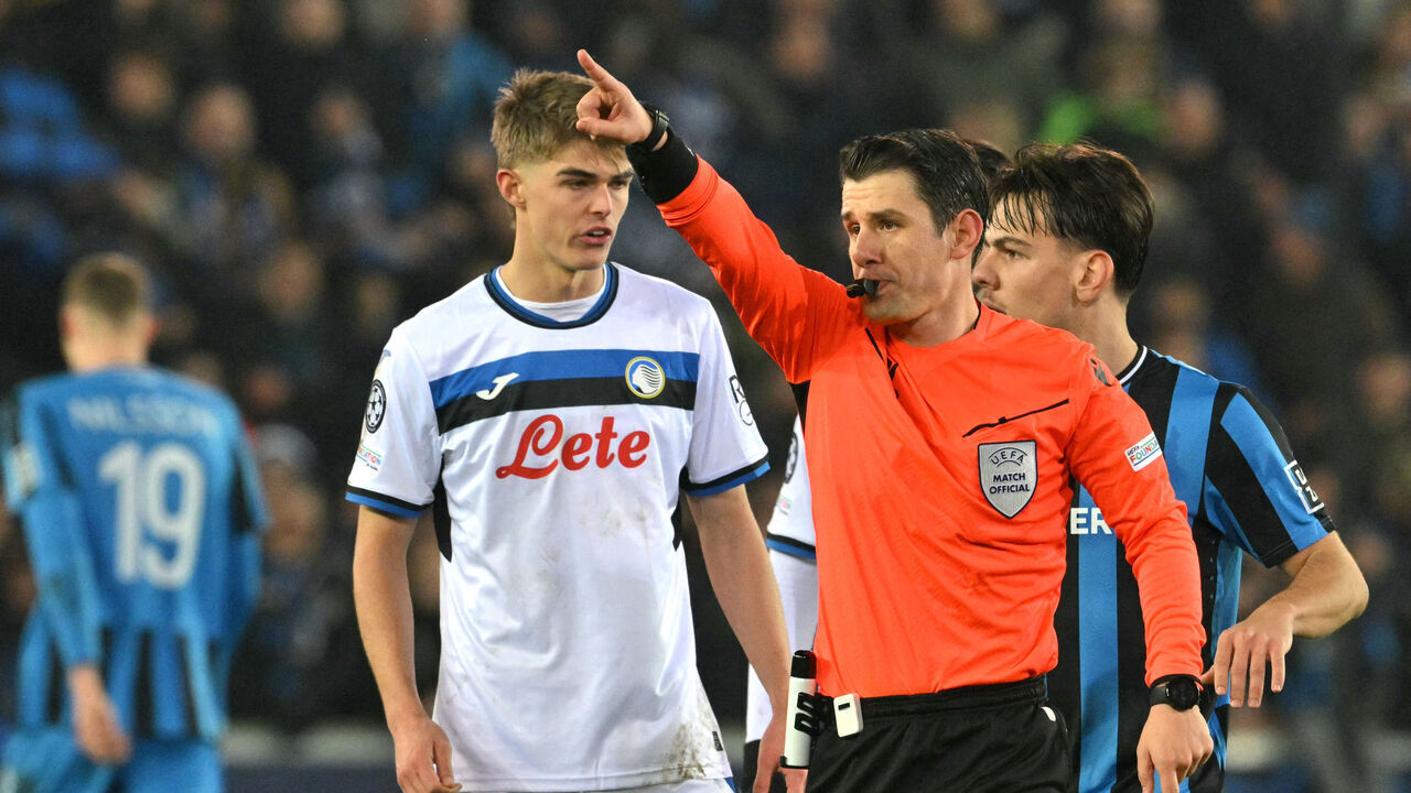 Turkish referee Umut Meler whistles a penalty kick during the UEFA Champions League knockout phase play-off 1st leg football match between Club Brugge KV and Atalanta at the Jan-Breydel stadium in Sint-Andries, Bruges, on February 12, 2025.