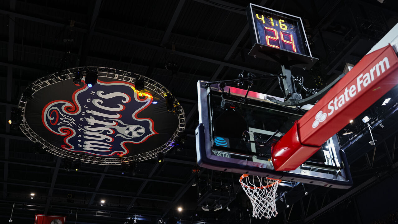 WASHINGTON, DC - AUGUST 20: A general view of the Washington Mystics logo and basket before the game between the Washington Mystics and the Seattle Storm at Entertainment & Sports Arena on August 20, 2024 in Washington, DC.