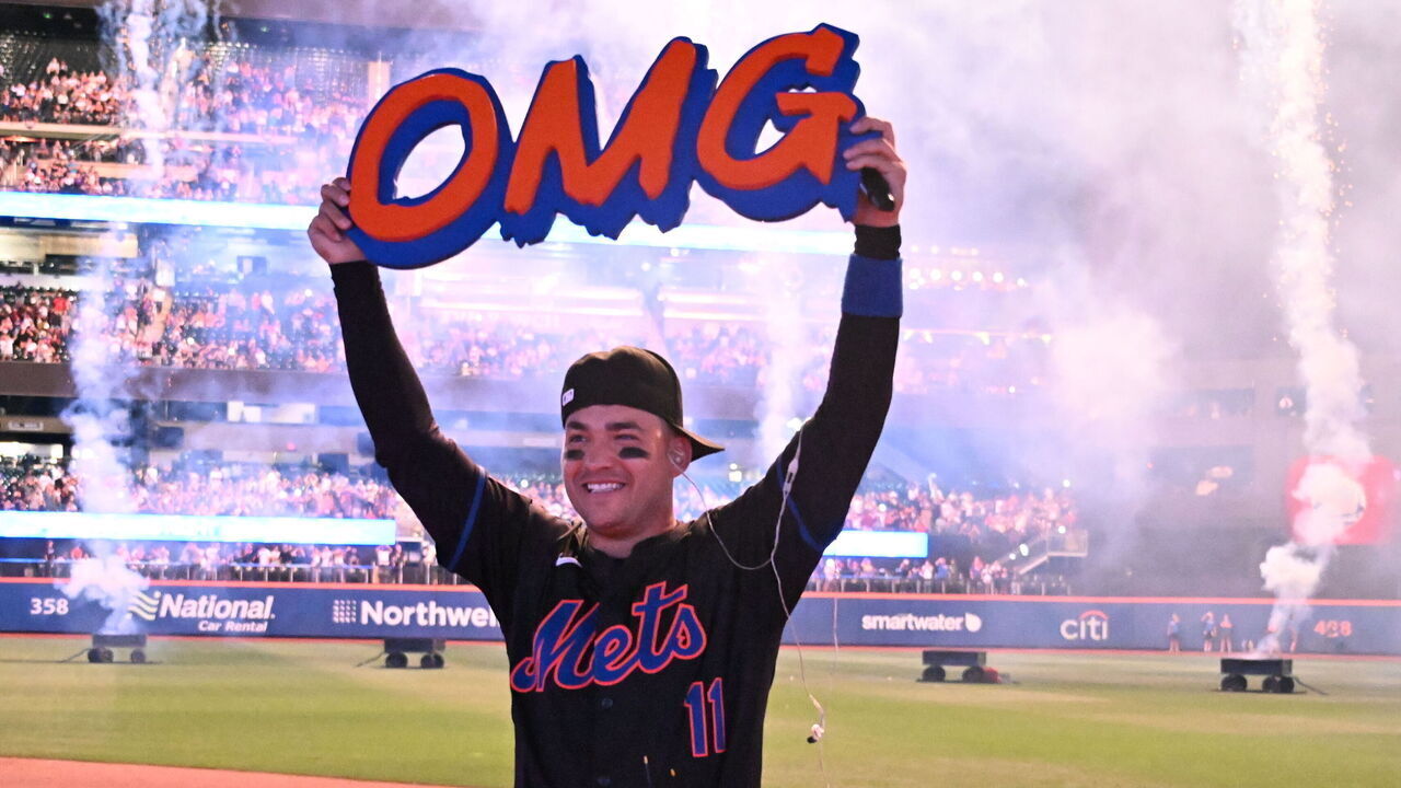 NEW YORK, NY - JUNE 28: Jose Iglesias #11 of New York Mets holds up a OMG sign after the game against the Houston Astros at Citi Field on June 28, 2024 in the Queens borough of New York City.