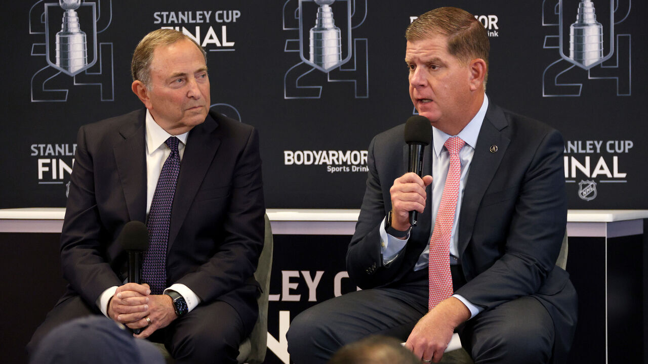SUNRISE, FLORIDA - JUNE 08: NHL Commissioner Gary Bettman and NHLPA Executive Director Marty Walsh speak at a media availability before Game One of the 2024 Stanley Cup Final between the Edmonton Oilers and the Florida Panthers at Amerant Bank Arena on June 08, 2024 in Sunrise, Florida.
