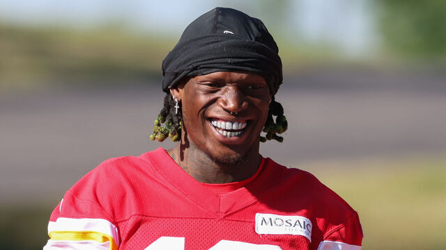 ST. JOSEPH, MO - AUGUST 02: Kansas City Chiefs wide receiver Kadarius Toney (19) smiles and shows off his teeth during training camp on August 2, 2024 at Missouri Western State University in St. Joseph, MO.