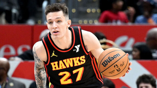 WASHINGTON, DC - FEBRUARY 08: Vit Krejci #27 of the Atlanta Hawks handles the ball against the Washington Wizards at Capital One Arena on February 08, 2025 in Washington, DC.