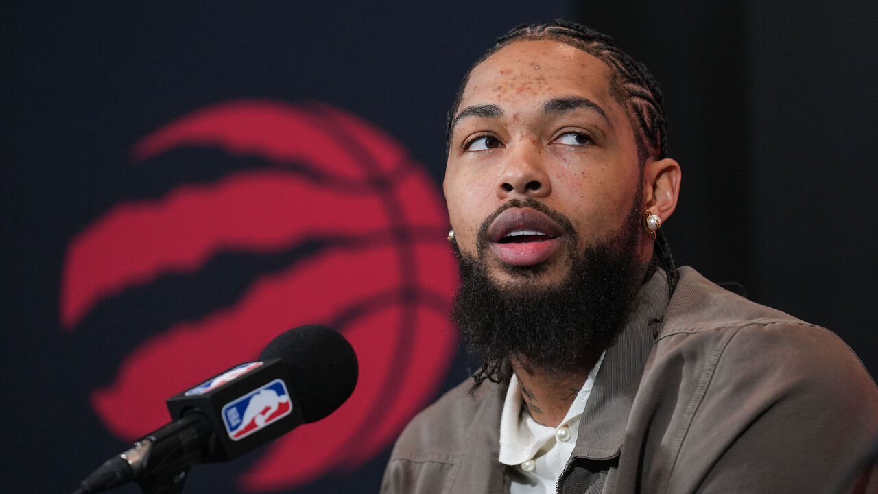 TORONTO, CANADA - FEBRUARY 12 : Brandon Ingram attends an introductory press conference ahead of NBA basketball game between Toronto Raptors and Cleveland Cavaliers at the Scotiabank Arena on February 12, 2025 in Toronto, Ontario, Canada. Brandon Ingram has agreed to a three-year contract extension deal worth $120 million with the Toronto Raptors.