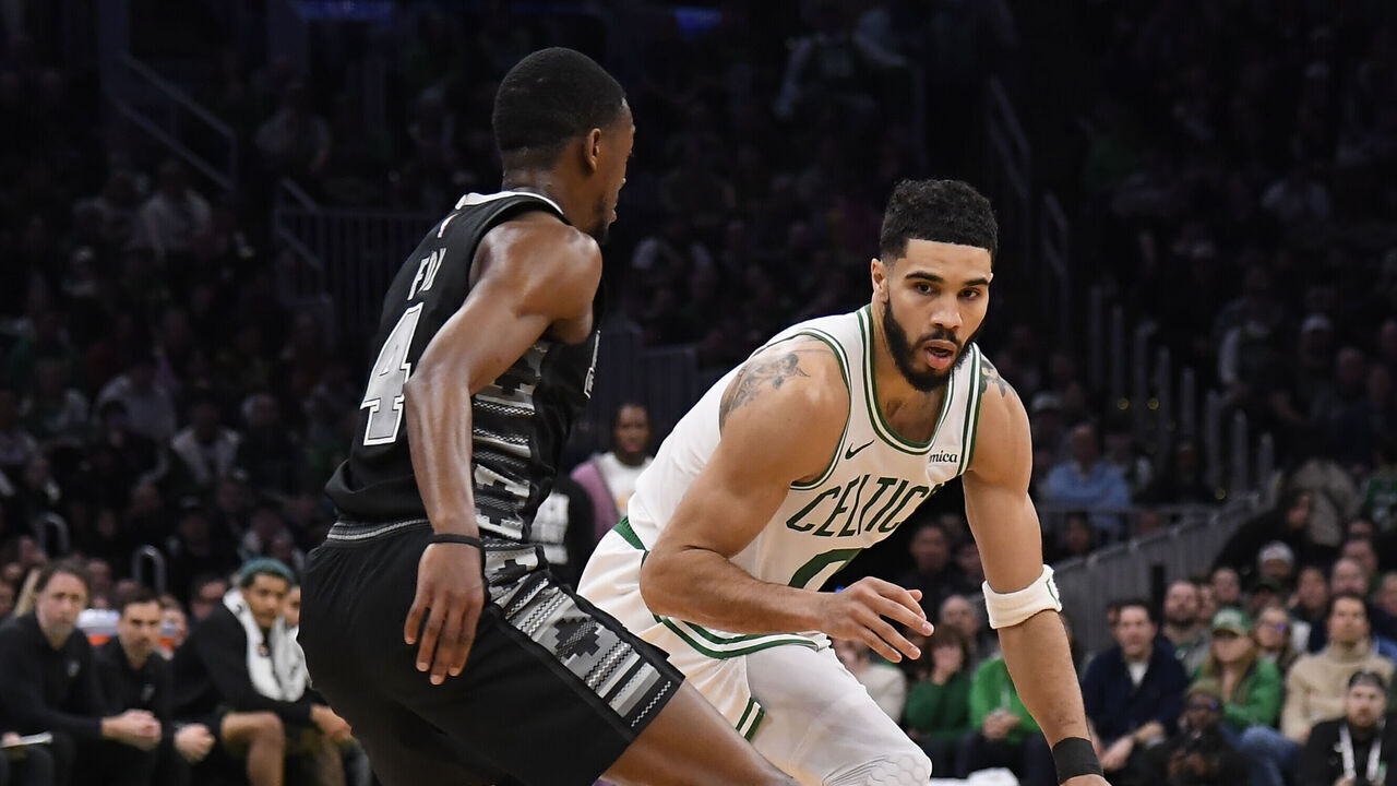 BOSTON, MA - FEBRUARY 12: Jayson Tatum #0 of the Boston Celtics handles the ball during the game against the San Antonio Spurs on February 12, 2025 at TD Garden in Boston, Massachusetts. NOTE TO USER: User expressly acknowledges and agrees that, by downloading and/or using this Photograph, user is consenting to the terms and conditions of the Getty Images License Agreement. Mandatory Copyright Notice: Copyright 2025 NBAE