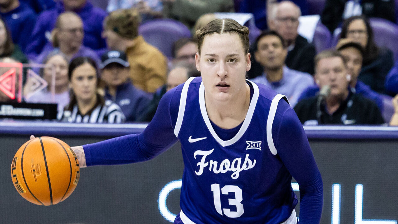 FORT WORTH, TX - JANUARY 26: TCU Horned Frogs forward Sedona Prince (#13) dribbles up court during the Big 12 college basketball game between the TCU Horned Frogs and Baylor Bears on January 26, 2025 at Ed & Rae Schollmaier Arena in Fort Worth, Texas.