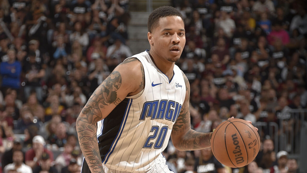 CLEVELAND, OH - MAY 5: Markelle Fultz #20 of the Orlando Magic handles the ball during the game against the Cleveland Cavaliers during Round 1 Game 7 of the 2024 NBA Playoffs on May 5, 2024 at Rocket Mortgage FieldHouse in Cleveland, Ohio. NOTE TO USER: User expressly acknowledges and agrees that, by downloading and/or using this Photograph, user is consenting to the terms and conditions of the Getty Images License Agreement. Mandatory Copyright Notice: Copyright 2024 NBAE