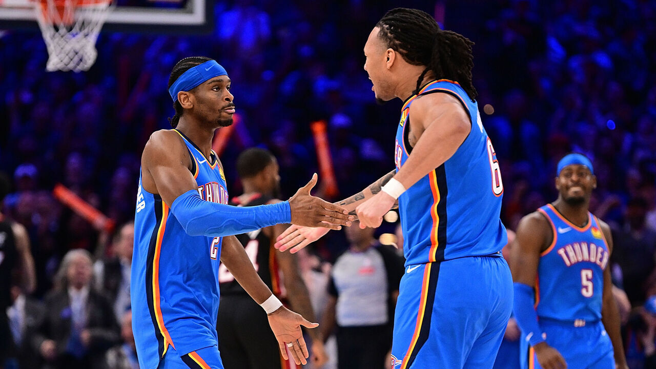 OKLAHOMA CITY, OKLAHOMA - FEBRUARY 12: Shai Gilgeous-Alexander #2 and Jaylin Williams #6 of the Oklahoma City Thunder celebrate during the second half against the Miami Heat at Paycom Center on February 12, 2025 in Oklahoma City, Oklahoma.