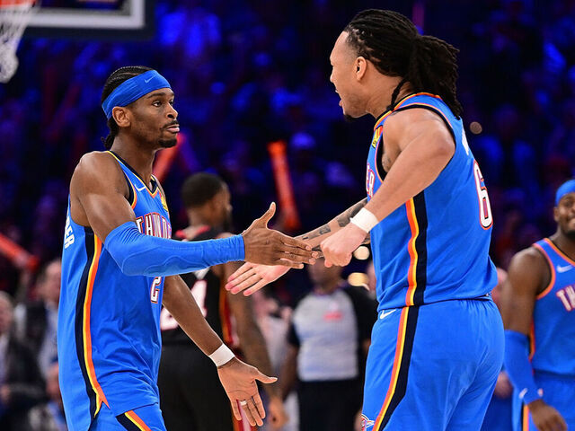 OKLAHOMA CITY, OKLAHOMA - FEBRUARY 12: Shai Gilgeous-Alexander #2 and Jaylin Williams #6 of the Oklahoma City Thunder celebrate during the second half against the Miami Heat at Paycom Center on February 12, 2025 in Oklahoma City, Oklahoma.