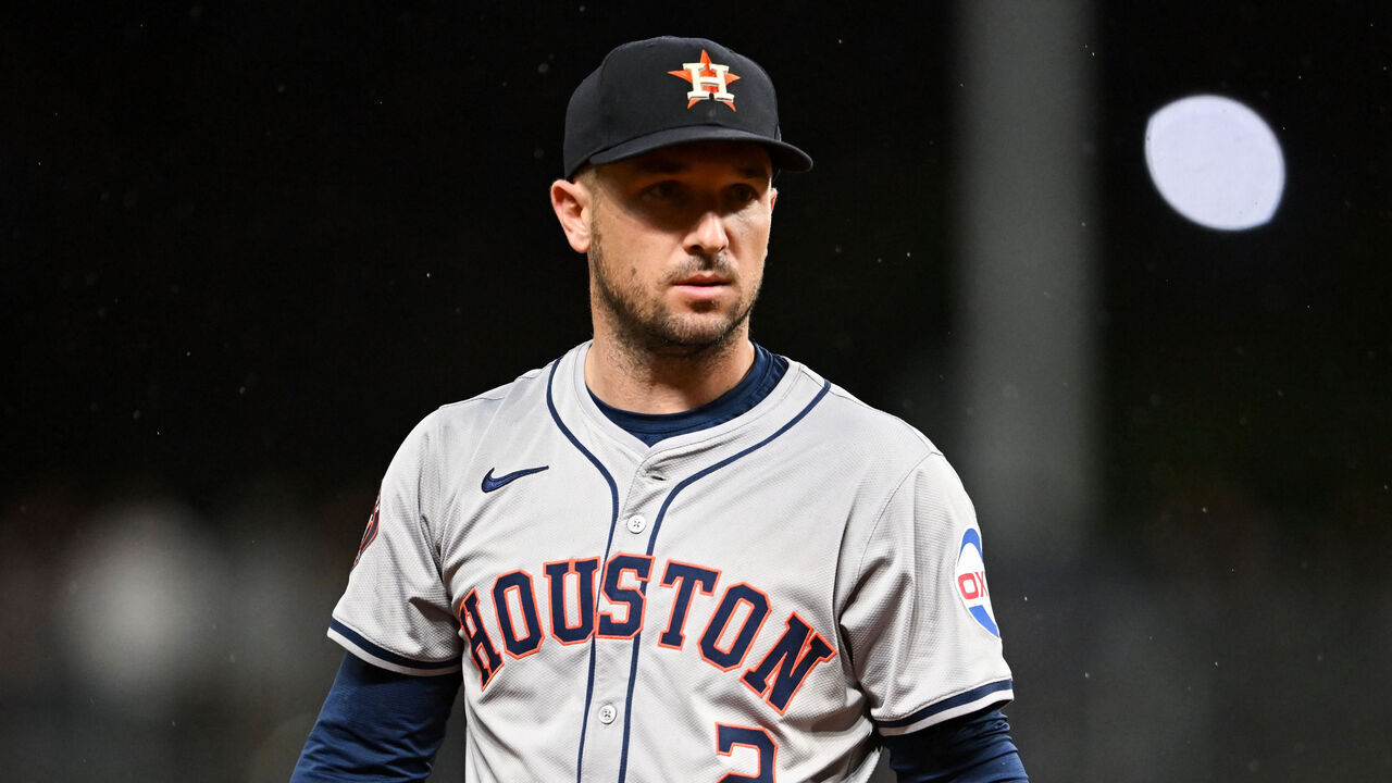 CLEVELAND, OHIO - SEPTEMBER 27: Alex Bregman #2 of the Houston Astros looks on during the seventh inning against the Cleveland Guardians at Progressive Field on September 27, 2024 in Cleveland, Ohio.