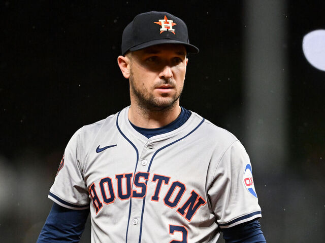 CLEVELAND, OHIO - SEPTEMBER 27: Alex Bregman #2 of the Houston Astros looks on during the seventh inning against the Cleveland Guardians at Progressive Field on September 27, 2024 in Cleveland, Ohio.