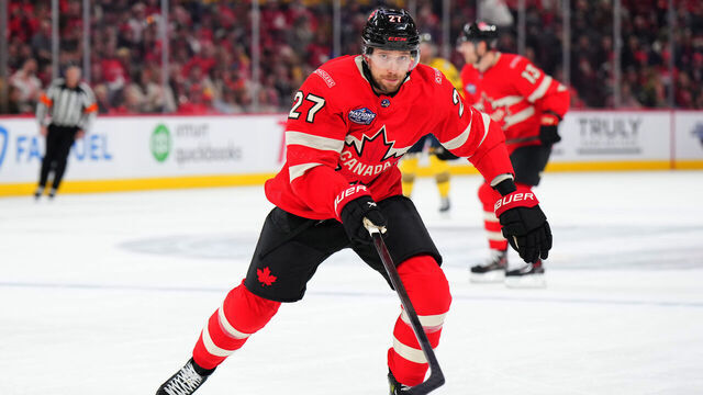 MONTREAL, QUEBEC - FEBRUARY 12: Shea Theodore #27 of Team Canada skates back on defense during the first period of the 4 Nations Face-Off game between Canada and Sweden at Bell Centre on February 12, 2025 in Montreal, Quebec.