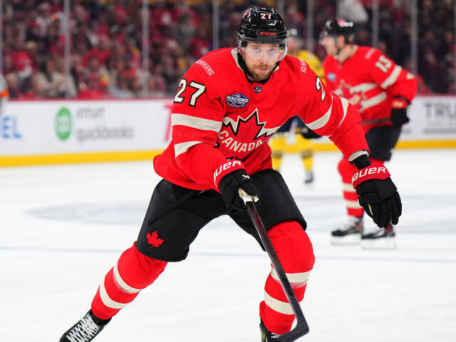 MONTREAL, QUEBEC - FEBRUARY 12: Shea Theodore #27 of Team Canada skates back on defense during the first period of the 4 Nations Face-Off game between Canada and Sweden at Bell Centre on February 12, 2025 in Montreal, Quebec.