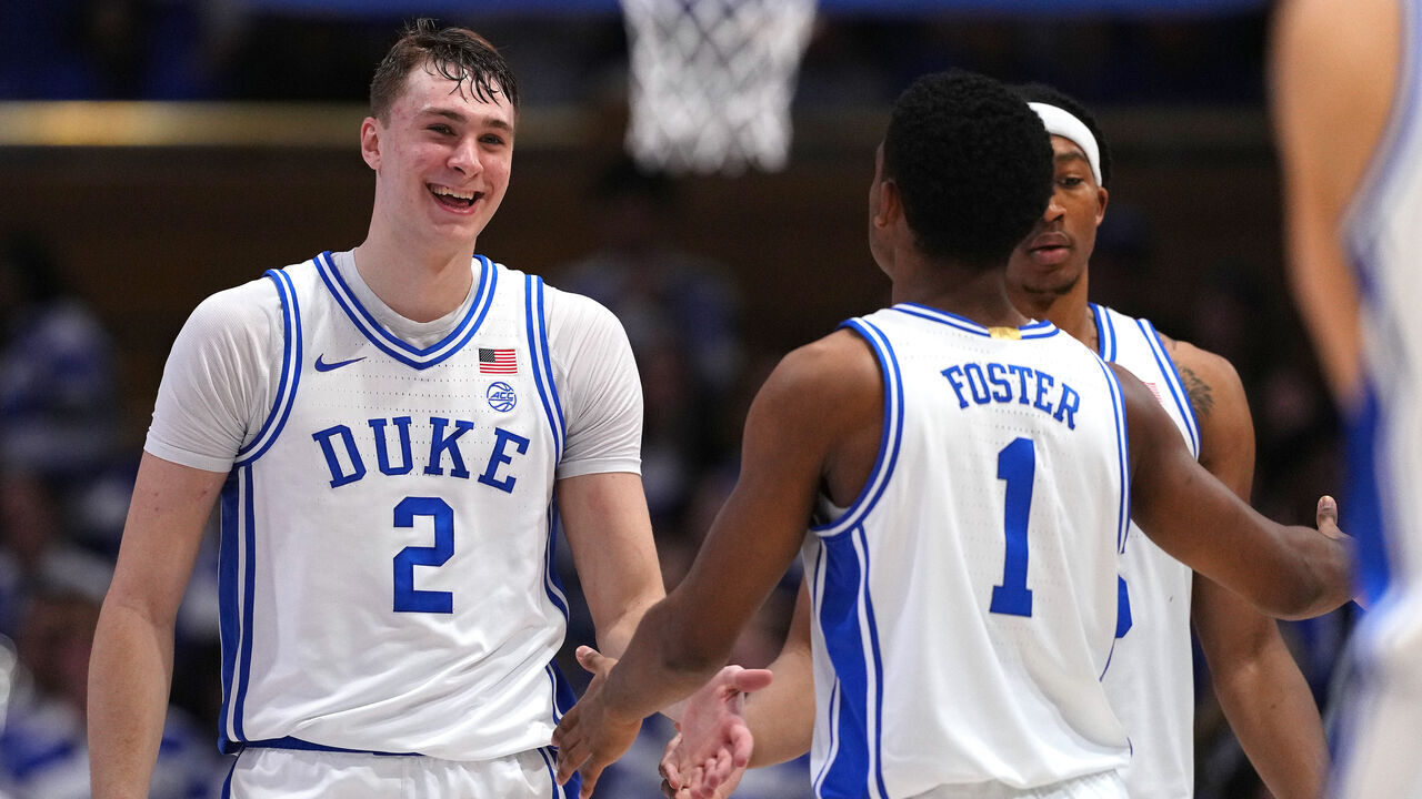 DURHAM, NORTH CAROLINA - FEBRUARY 12: Cooper Flagg #2 of the Duke Blue Devils reacts after a dunk against the California Golden Bears during the second half of the game at Cameron Indoor Stadium on February 12, 2025 in Durham, North Carolina.