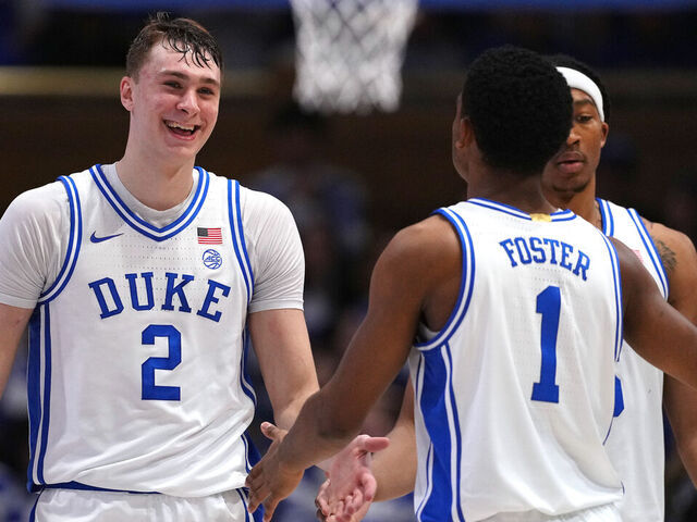 DURHAM, NORTH CAROLINA - FEBRUARY 12: Cooper Flagg #2 of the Duke Blue Devils reacts after a dunk against the California Golden Bears during the second half of the game at Cameron Indoor Stadium on February 12, 2025 in Durham, North Carolina.