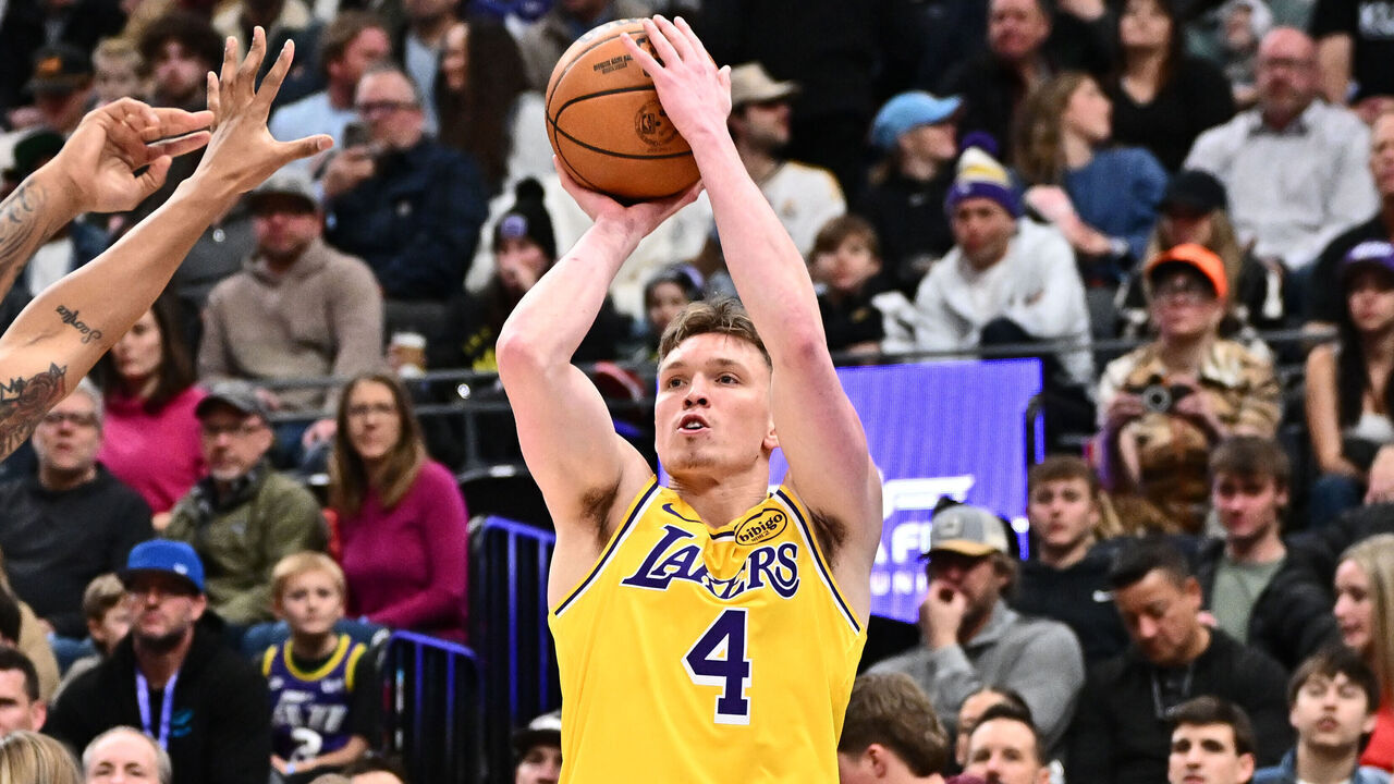 SALT LAKE CITY, UT - FEBRUARY 12: Dalton Knecht #4 of the Los Angeles Lakers shoots the ball during the game against the Utah Jazz on February 12, 2025 at Delta Center in Salt Lake City, Utah. Mandatory Copyright Notice: Copyright 2025 NBAE
