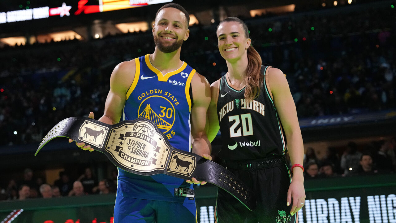 INDIANAPOLIS, IN - FEBRUARY 17: Stephen Curry #30 of the Golden State Warriors and Sabrina Ionescu #20 of the New York Liberty pose for a photo after the Stephen vs. Sabrina 3-Point Challenge as a part of State Farm All-Star Saturday Night on Saturday, February 17, 2024 at Lucas Oil Stadium in Indianapolis, Indiana. NOTE TO USER: User expressly acknowledges and agrees that, by downloading and/or using this Photograph, user is consenting to the terms and conditions of the Getty Images License Agreement. Mandatory Copyright Notice: Copyright 2024 NBAE