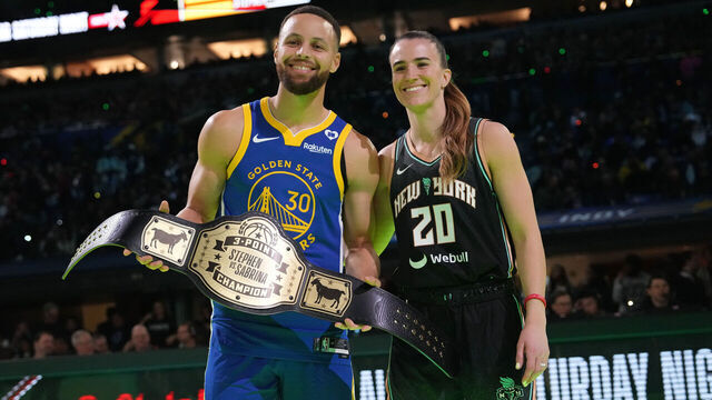 INDIANAPOLIS, IN - FEBRUARY 17: Stephen Curry #30 of the Golden State Warriors and Sabrina Ionescu #20 of the New York Liberty pose for a photo after the Stephen vs. Sabrina 3-Point Challenge as a part of State Farm All-Star Saturday Night on Saturday, February 17, 2024 at Lucas Oil Stadium in Indianapolis, Indiana. NOTE TO USER: User expressly acknowledges and agrees that, by downloading and/or using this Photograph, user is consenting to the terms and conditions of the Getty Images License Agreement. Mandatory Copyright Notice: Copyright 2024 NBAE