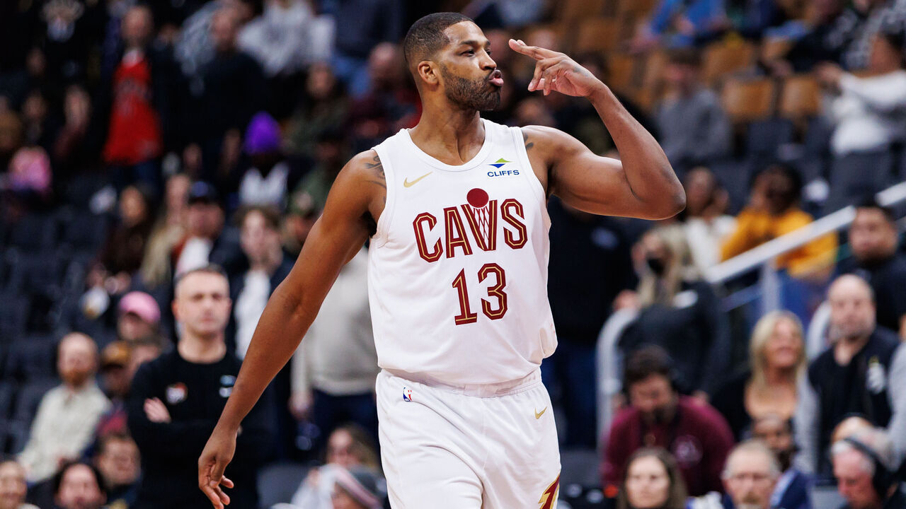 TORONTO, CANADA - FEBRUARY 12: Tristan Thompson #13 of the Cleveland Cavaliers reacts after taking the last shot of the game against the Toronto Raptors during second half of their NBA game at Scotiabank Arena on February 12, 2025 in Toronto, Canada.