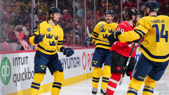 MONTREAL, QUEBEC - FEBRUARY 12: Adrian Kempe #10 of Team Sweden looks to celebrate with Filip Forsberg #9 and Mattias Ekholm #14 after scoring a goal during the third period of the 4 Nations Face-Off game between Canada and Sweden at Bell Centre on February 12, 2025 in Montreal, Quebec.