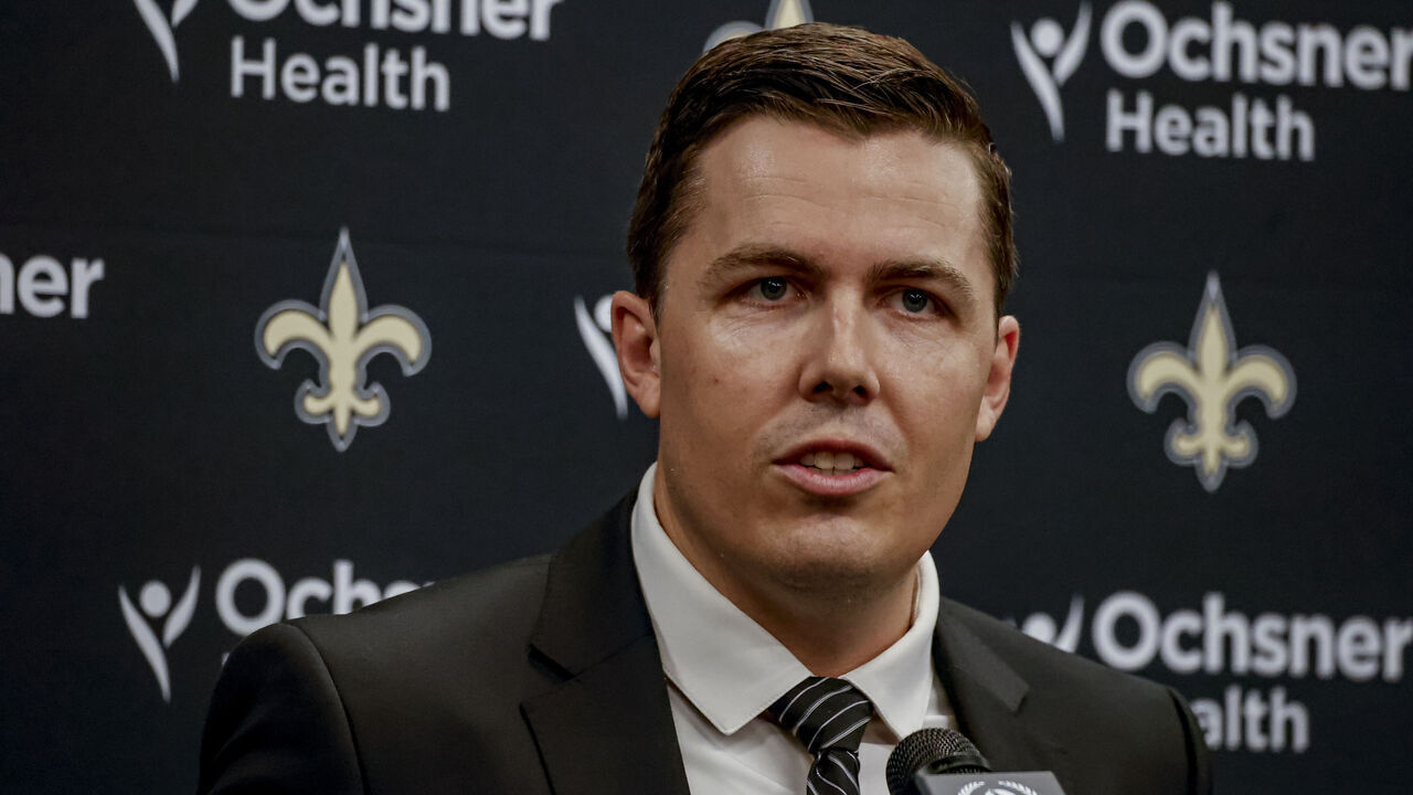 METAIRIE, LOUISIANA - FEBRUARY 13: Newly named head coach Kellen Moore of the New Orleans Saints speaks during a introductory press conference at the Ochsner Sports Performance Center on February 13, 2025 in Metairie, Louisiana.
