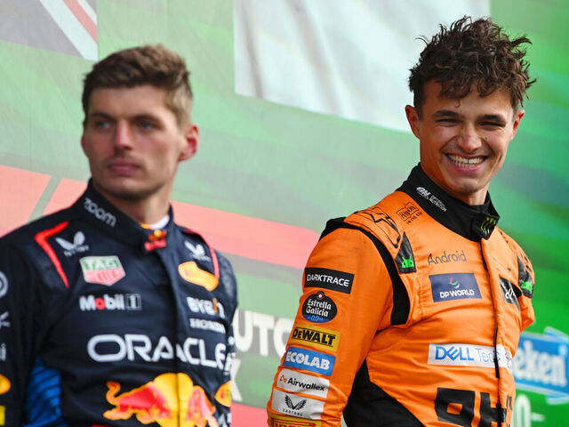 ZANDVOORT, NETHERLANDS - AUGUST 25: Race winner Lando Norris of Great Britain and McLaren and second placed Max Verstappen of the Netherlands and Oracle Red Bull Racing celebrate in parc ferme after the F1 Grand Prix of Netherlands at Circuit Zandvoort on August 25, 2024 in Zandvoort, Netherlands.