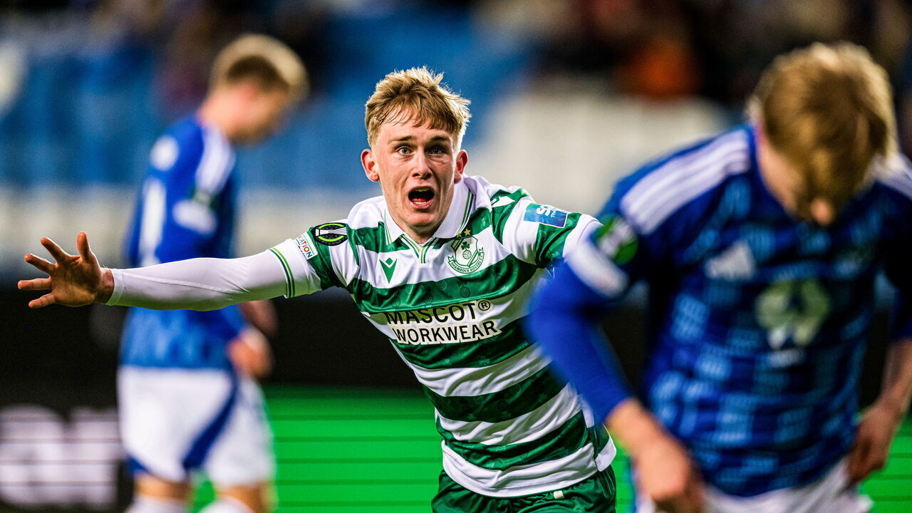 Molde , Norway - 13 February 2025; Michael Noonan of Shamrock Rovers celebrates with teammate Dylan Watts after scoring his side's first goal during the UEFA Conference League knockout phase play-off first leg match between Molde and Shamrock Rovers at Aker Stadion in Molde, Norway.