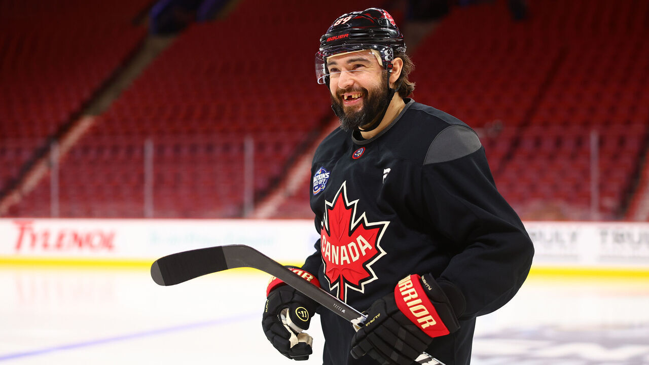 MONTREAL, QUEBEC - FEBRUARY 11: Drew Doughty #89 of Team Canada reacts during a practice session prior to the 2025 NHL 4 Nations Face-Off at Bell Centre on February 11, 2025 in Montreal, Quebec.