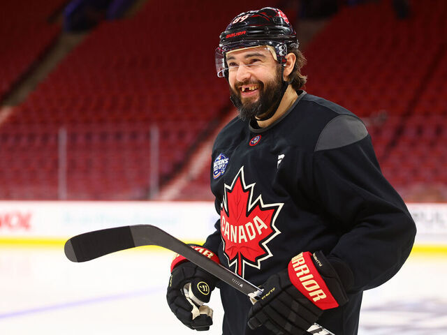 MONTREAL, QUEBEC - FEBRUARY 11: Drew Doughty #89 of Team Canada reacts during a practice session prior to the 2025 NHL 4 Nations Face-Off at Bell Centre on February 11, 2025 in Montreal, Quebec.