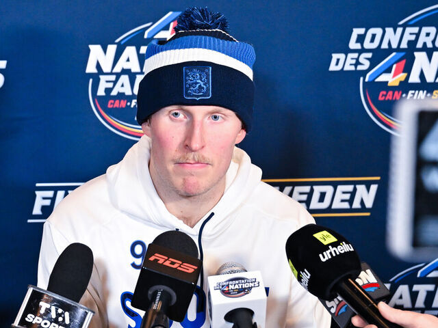 MONTREAL, CANADA - FEBRUARY 11: Patrik Laine #92 of Finland takes questions during media day ahead of the 2025 NHL 4 Nations Face-Off at the Bell Centre on February 11, 2025 in Montreal, Quebec, Canada.