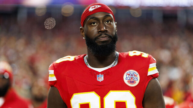 KANSAS CITY, MISSOURI - JANUARY 26: Defensive end Charles Omenihu #90 of the Kansas City Chiefs stands on the sidelines during the national anthem prior to the AFC Championship game against the Buffalo Bills, at GEHA Field at Arrowhead Stadium on January 26, 2025 in Kansas City, Missouri.