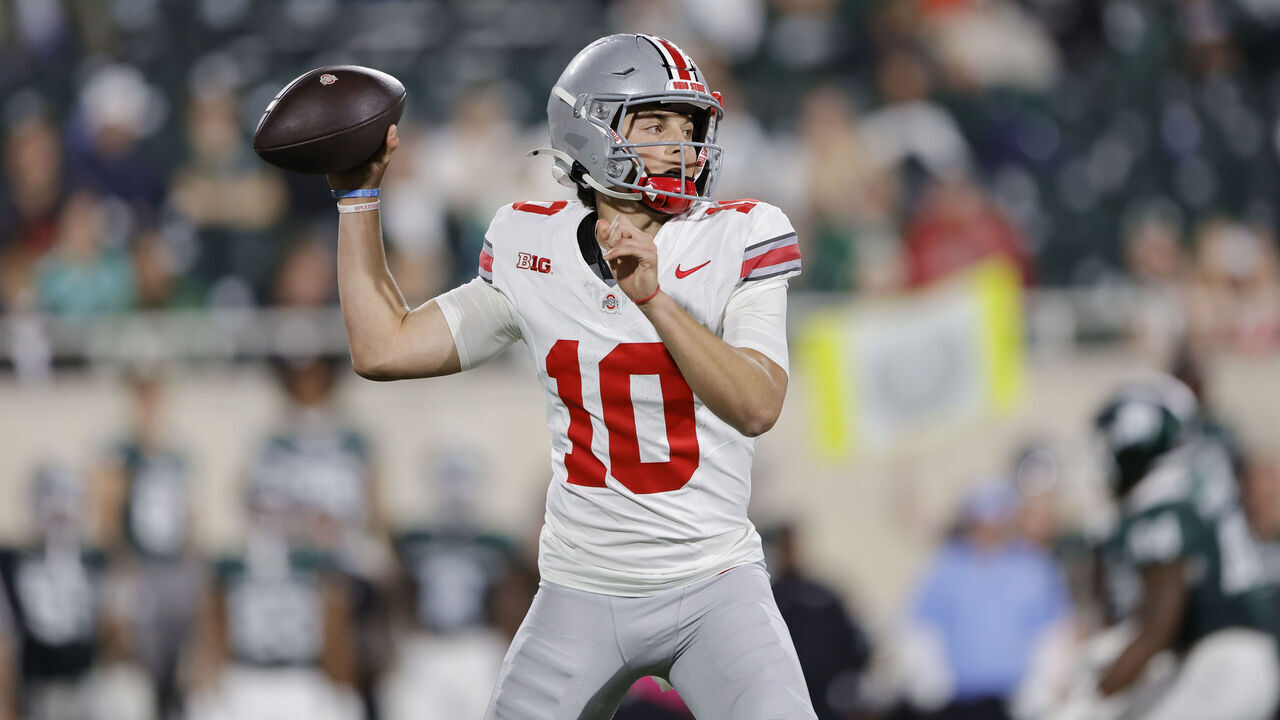 EAST LANSING, MICHIGAN - SEPTEMBER 28: Julian Sayin #10 of the Ohio State Buckeyes drops back to pass during the second half against the Michigan State Spartans at Spartan Stadium on September 28, 2024 in East Lansing, Michigan.