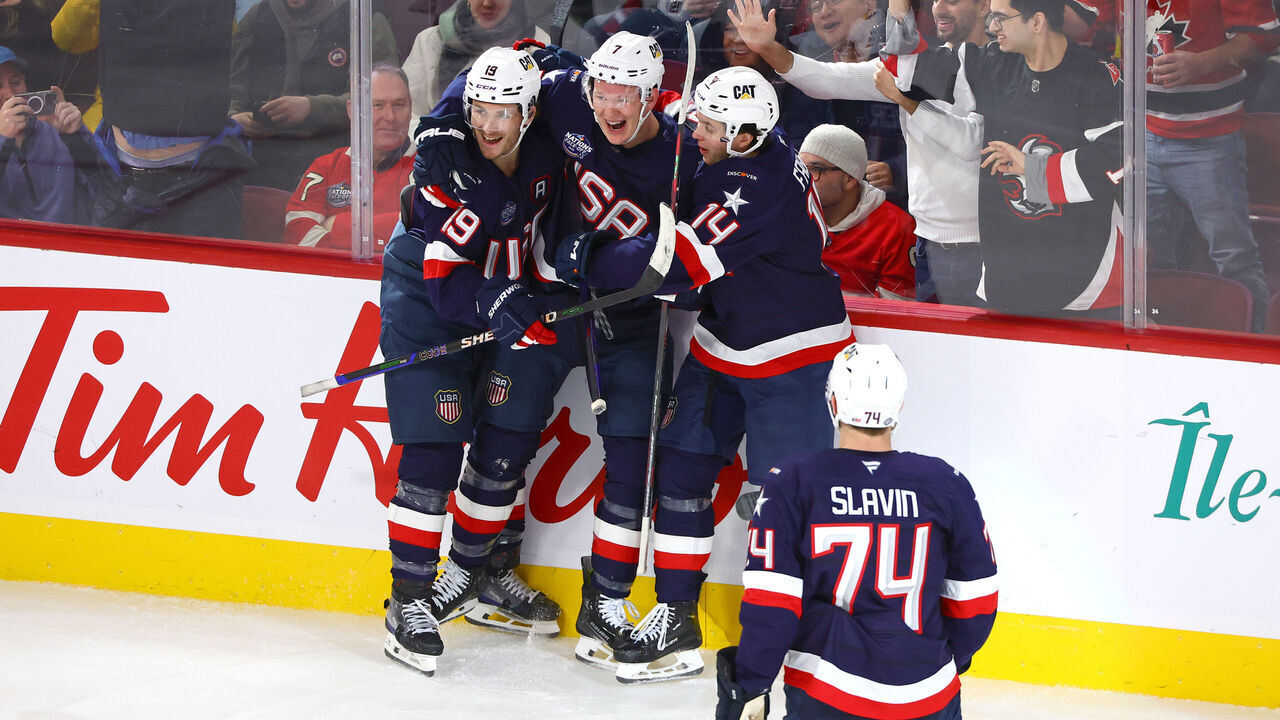 MONTREAL, QUEBEC - FEBRUARY 13: Brady Tkachuk #7 of Team United States celebrates with his brother Matthew Tkachuk #19 and Brock Faber #14 after scoring a goal during the third period, his second of the game, in the 4 Nations Face-Off game between the United States and Finland at Bell Centre on February 13, 2025 in Montreal, Quebec.