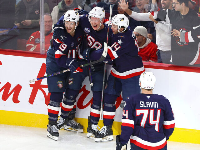 MONTREAL, QUEBEC - FEBRUARY 13: Brady Tkachuk #7 of Team United States celebrates with his brother Matthew Tkachuk #19 and Brock Faber #14 after scoring a goal during the third period, his second of the game, in the 4 Nations Face-Off game between the United States and Finland at Bell Centre on February 13, 2025 in Montreal, Quebec.