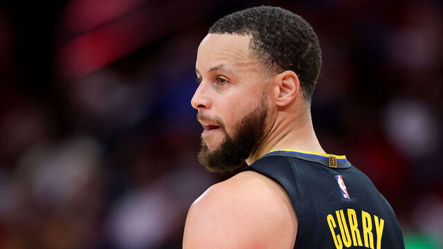 HOUSTON, TEXAS - FEBRUARY 13: Stephen Curry #30 of the Golden State Warriors looks on against the Houston Rockets during the first half at Toyota Center on February 13, 2025 in Houston, Texas.