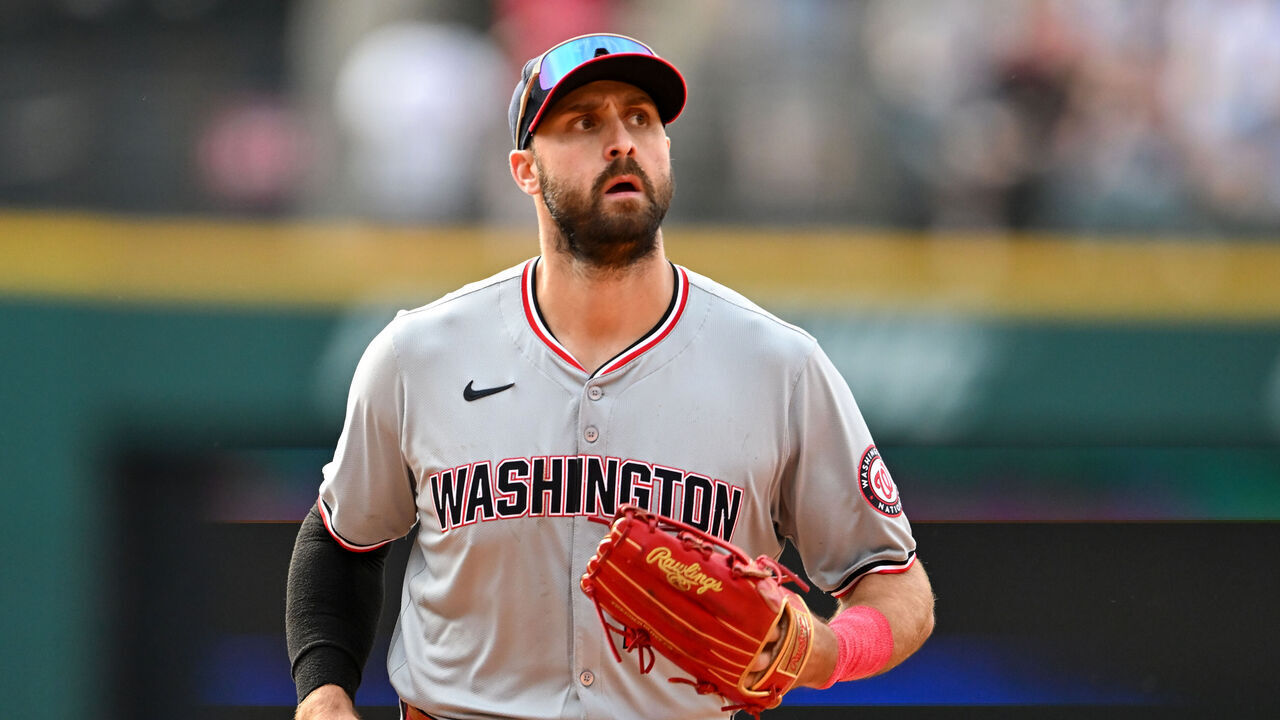 CLEVELAND, OHIO - JUNE 01: Joey Gallo #24 of the Washington Nationals runs off the field after the sixth inning against the Cleveland Guardians at Progressive Field on June 01, 2024 in Cleveland, Ohio.